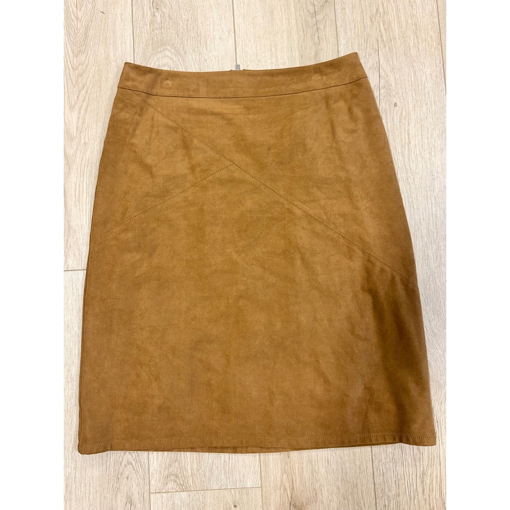 Chicos Faux Suede Pencil Skirt Cognac Brown Geometric Seam Size 2 US 12